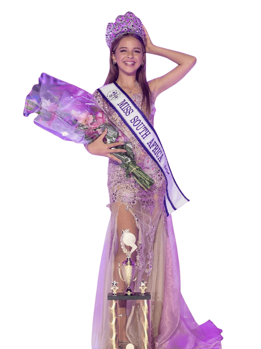 Elegant young girl crowned as Royal International Miss South Africa, holding a bouquet of flowers and a trophy, wearing a shimmering gown and sash, representing beauty pageants and national pride in South Africa.