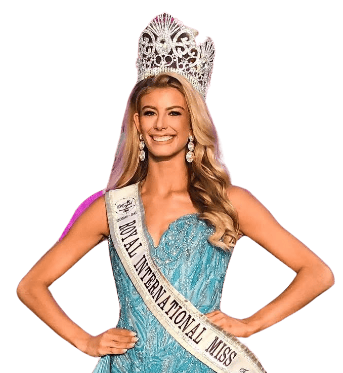 Elegant beauty queen wearing the Royal International Miss SA crown and sash, showcasing success in pageantry, with a radiant smile and confident pose.
