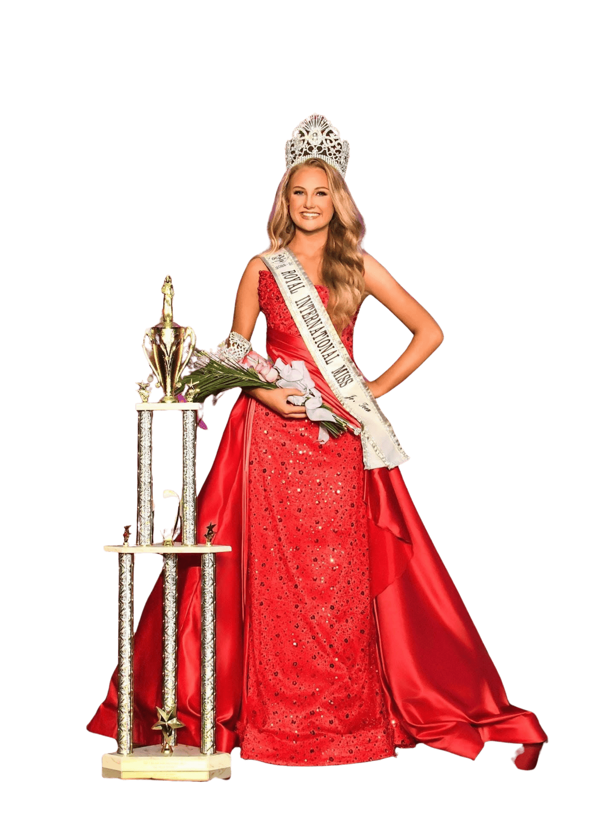 Elegant young woman wearing a crown and sash, holding a trophy and bouquet, celebrating her win at Royal International Miss SA pageant, showcasing beauty and confidence.