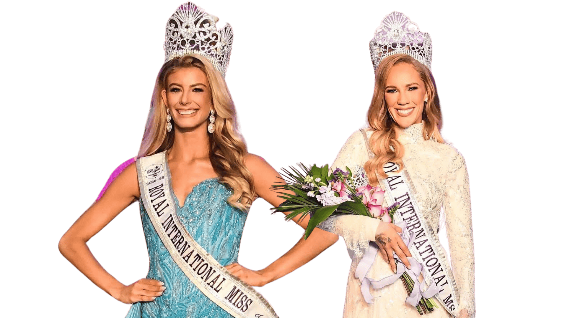 Elegant beauty queens wearing crowns and sashes, crowned as Royal International Miss South Africa, holding flowers, celebrating success at the beauty pageant.