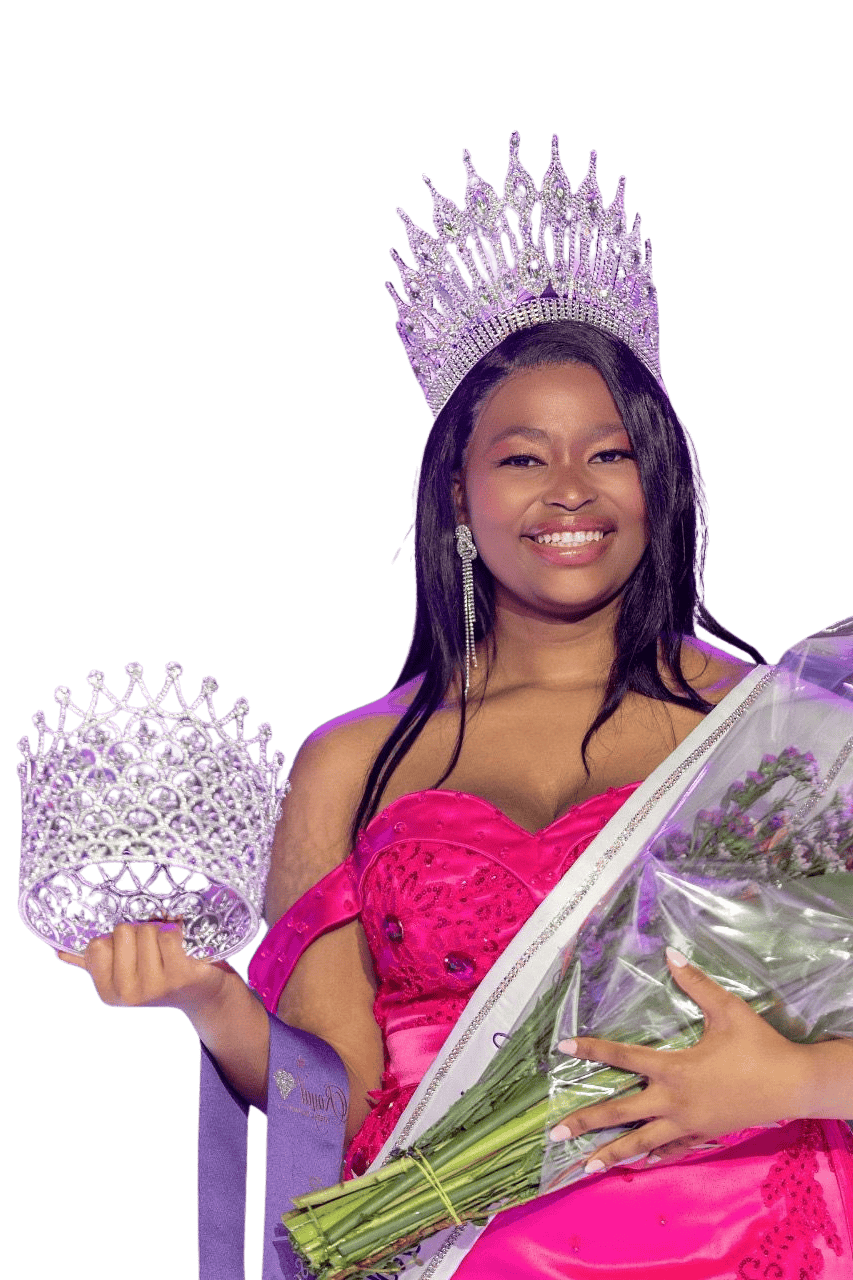 Elegant young woman wearing a dazzling crown and sash, holding a trophy and bouquet of flowers at the Royal International Miss South Africa beauty pageant. Focus on pageant winner, crown, sash, and beauty competition.